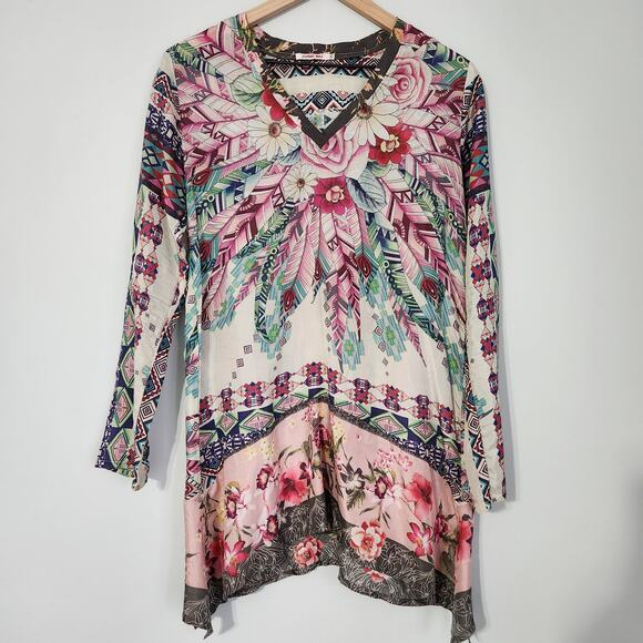 Johnny Was Tops - Johnny Was Tribeca Silk V-neck Floral Printed Tunic Blouse, XS